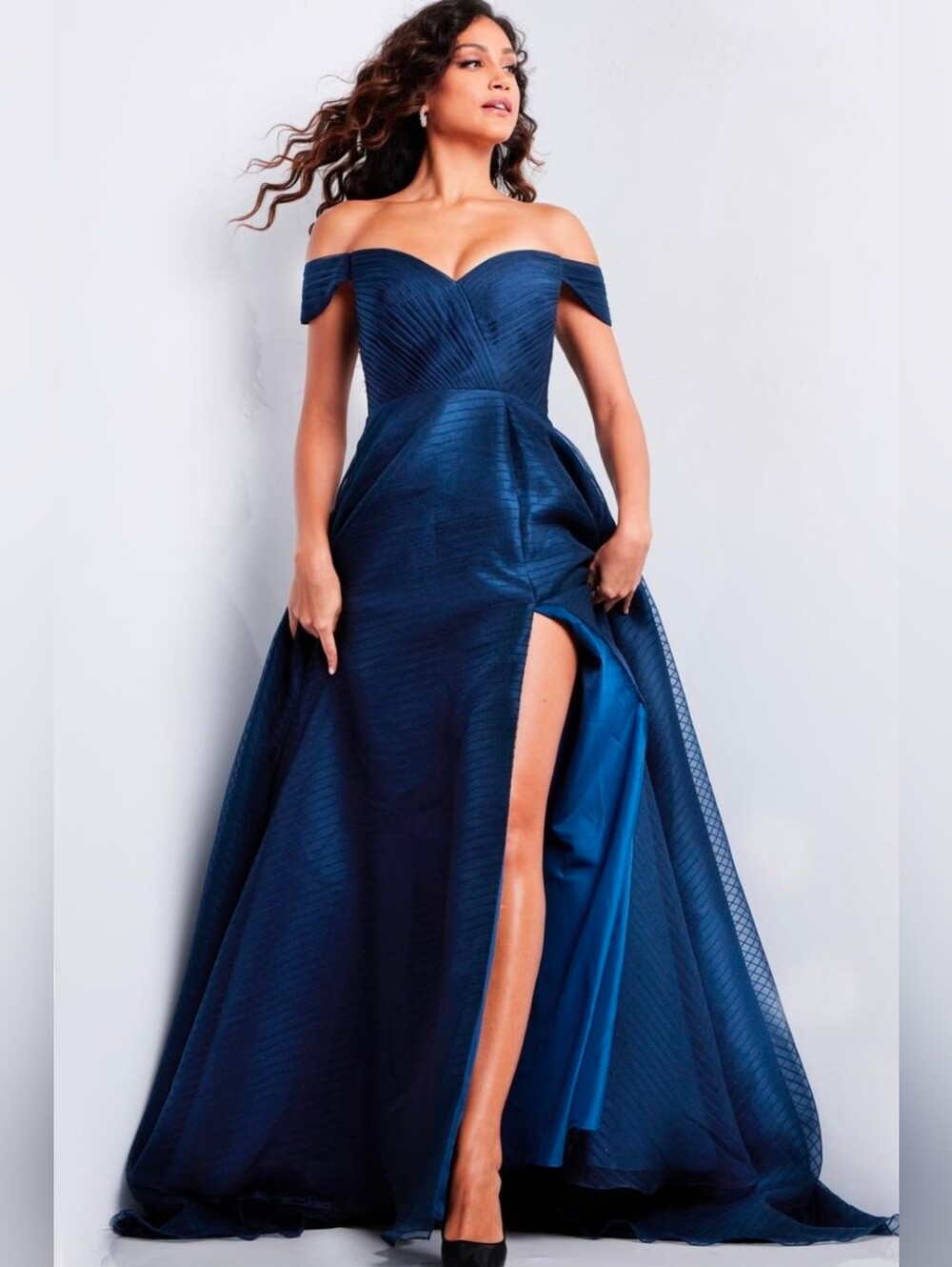 Jovani Navy Off-Shoulder Maxi Gown with Thigh Slit